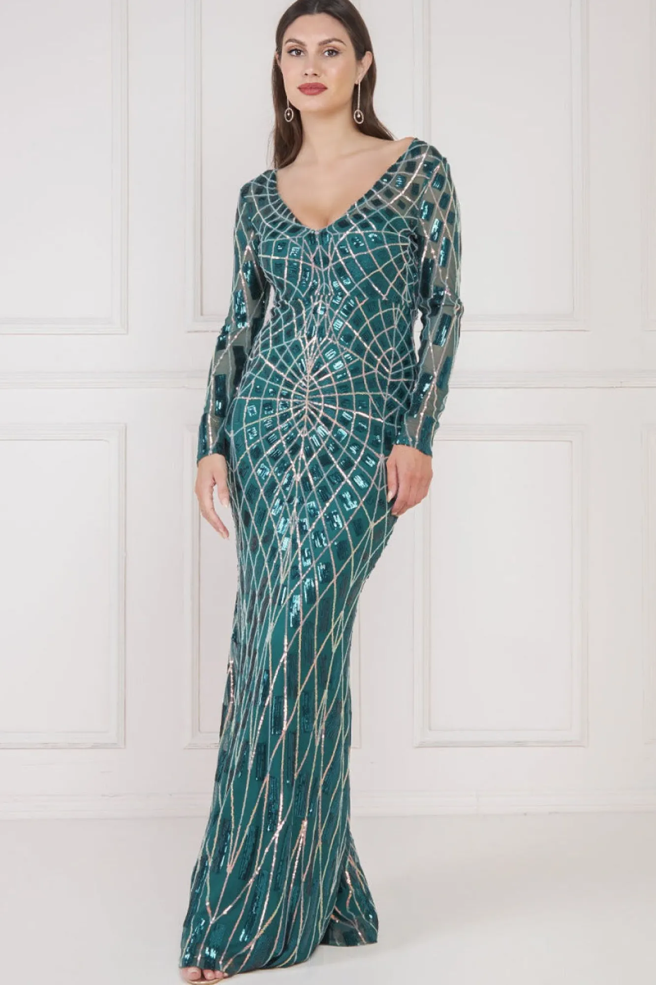 Maxi Dresses^* Geo Sequin Long Sleeve Maxi Dress Emerald
