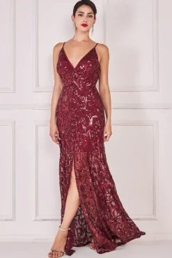 Maxi Dresses^* Iridescent Sequin Maxi With Front Split Burgundy