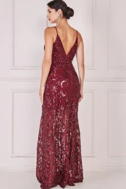 Maxi Dresses^* Iridescent Sequin Maxi With Front Split Burgundy