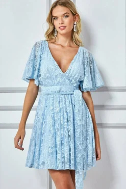 Mini Dresses^* Lace Kimono Wrap Skater Mini Dress - Powder Blue Powderblue