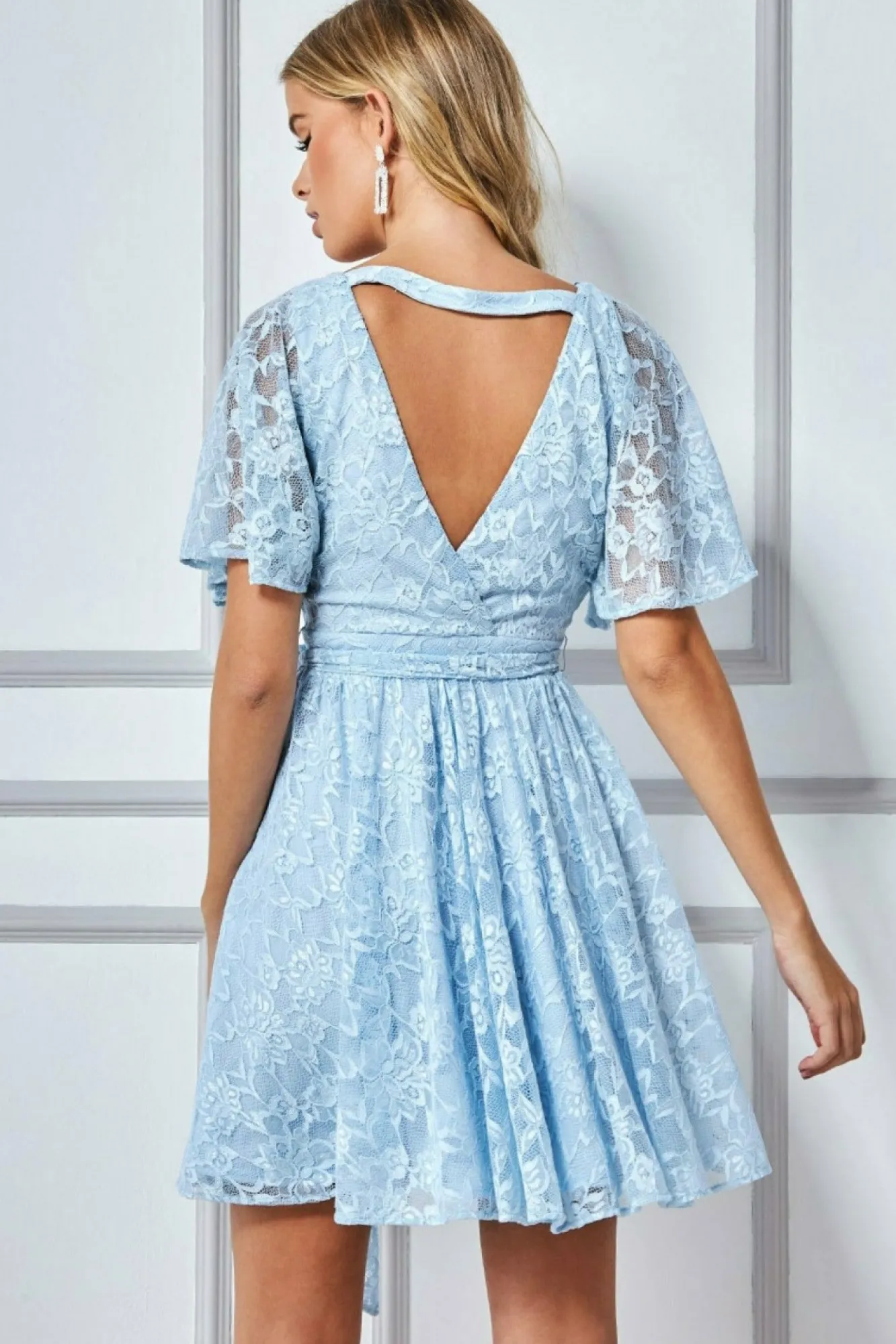 Mini Dresses^* Lace Kimono Wrap Skater Mini Dress - Powder Blue Powderblue