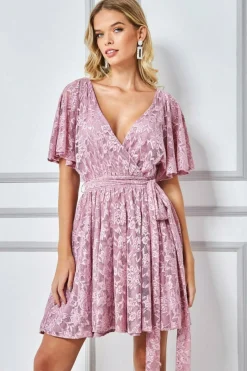 Mini Dresses^* Lace Kimono Wrap Skater Mini Dress Mauve