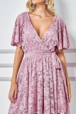 Mini Dresses^* Lace Kimono Wrap Skater Mini Dress Mauve
