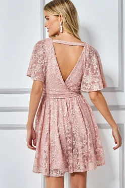Mini Dresses^* Lace Kimono Wrap Skater Mini Dress Blush