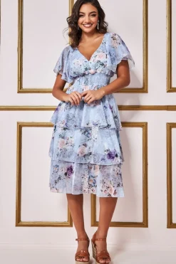 Midi Dresses^* Layered Floral Midi Flutter Sleeves Bluefloral