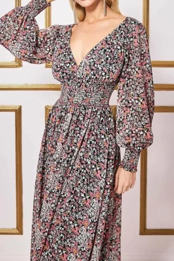 Maxi Dresses^* Long Sleeve Maxi Shirred Waistband - Floral Print Floralprint