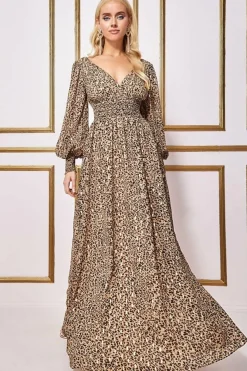 Maxi Dresses^* Long Sleeve Maxi Shirred Waistband - Animal Print Animalprint
