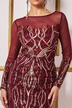 Midi Dresses^* Long Sleeve Sequin Flame Midi Dress Wine