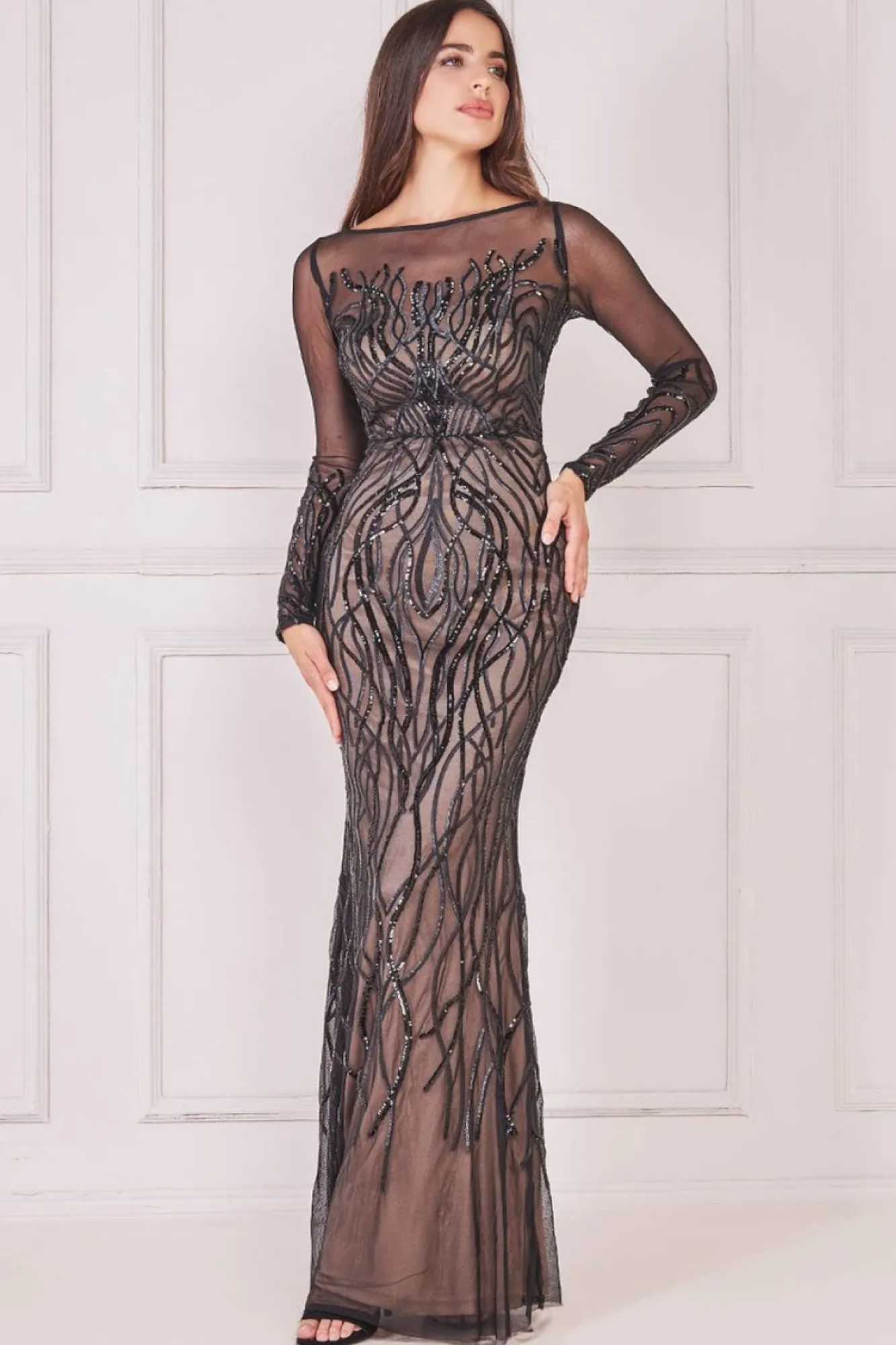 Maxi Dresses^* Long Sleeve Sequin Flame Maxi Solid Black