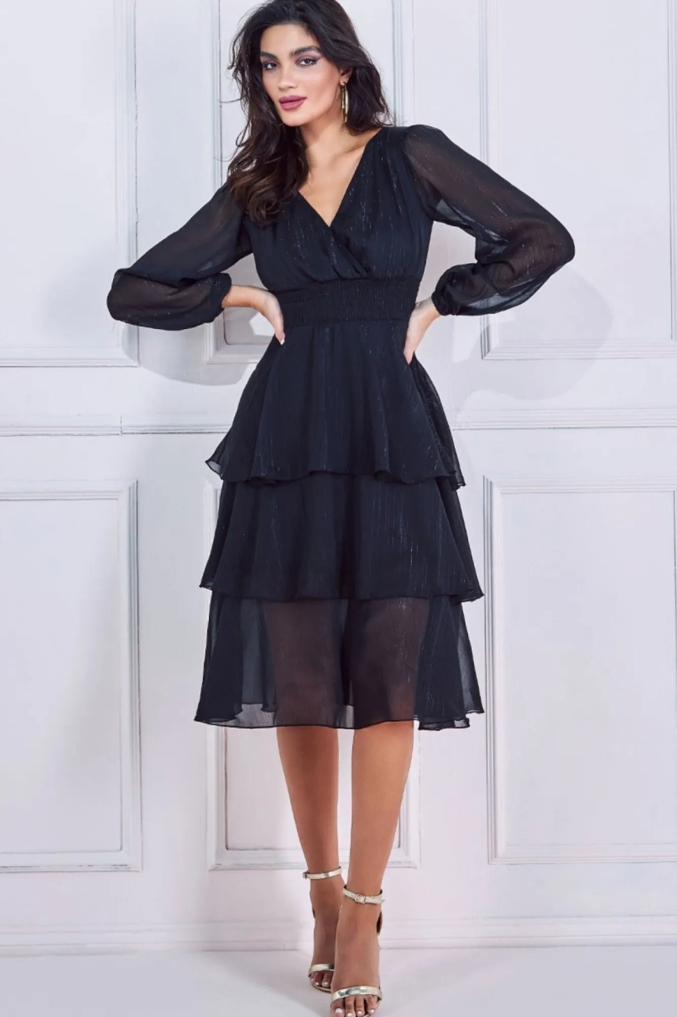 Midi Dresses^* Long Sleeve Tiered Midi Dress Black