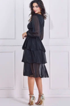 Midi Dresses^* Long Sleeve Tiered Midi Dress Black
