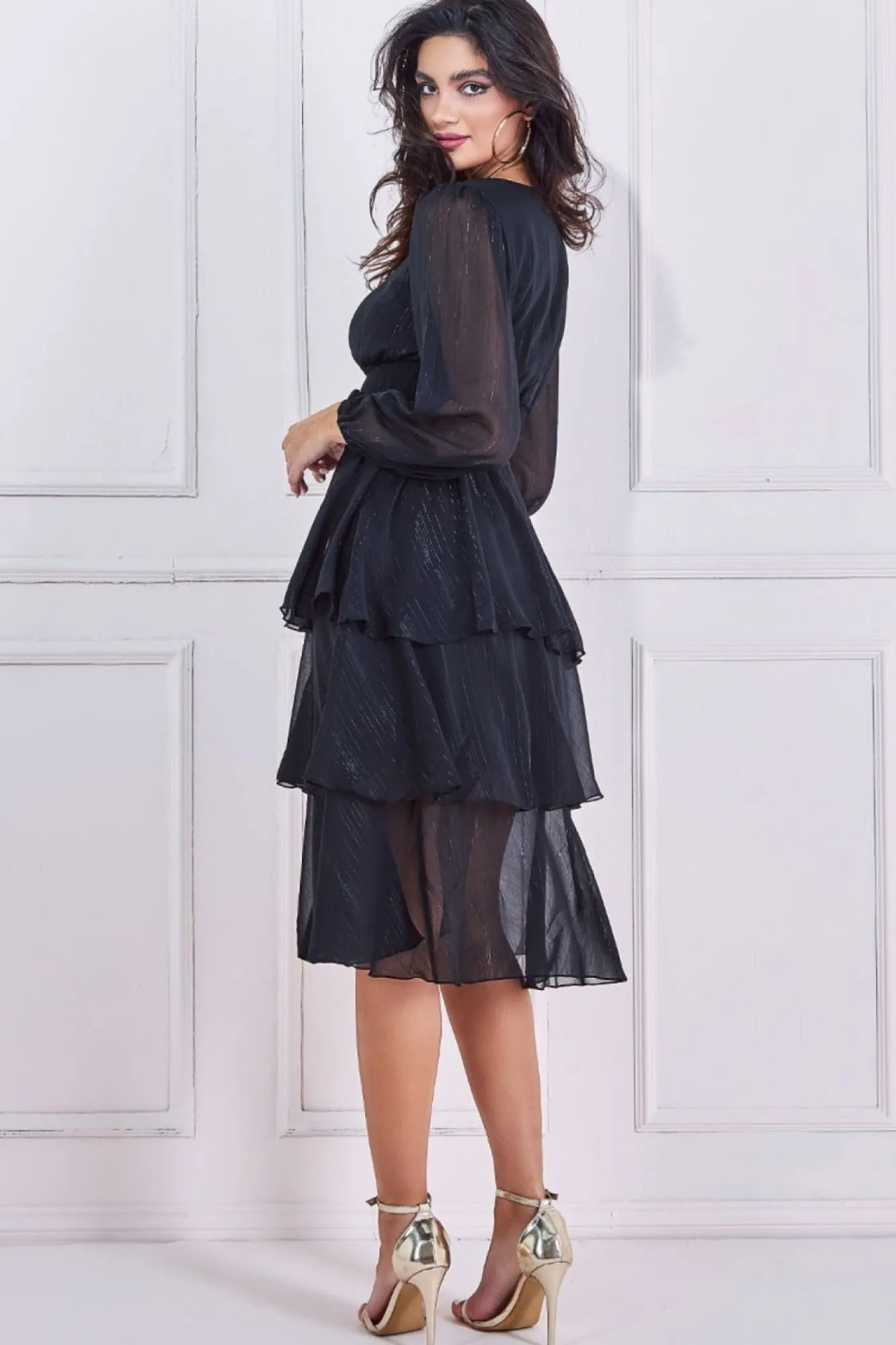 Midi Dresses^* Long Sleeve Tiered Midi Dress Black