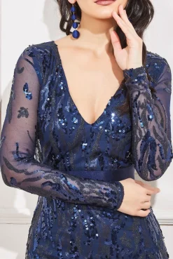 Maxi Dresses^* Long Sleeve V-Neck Sequin Maxi Navy