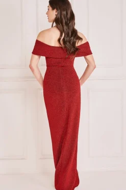 Maxi Dresses^* Lurex Bardot Maxi With Waterfall Ruffle Red