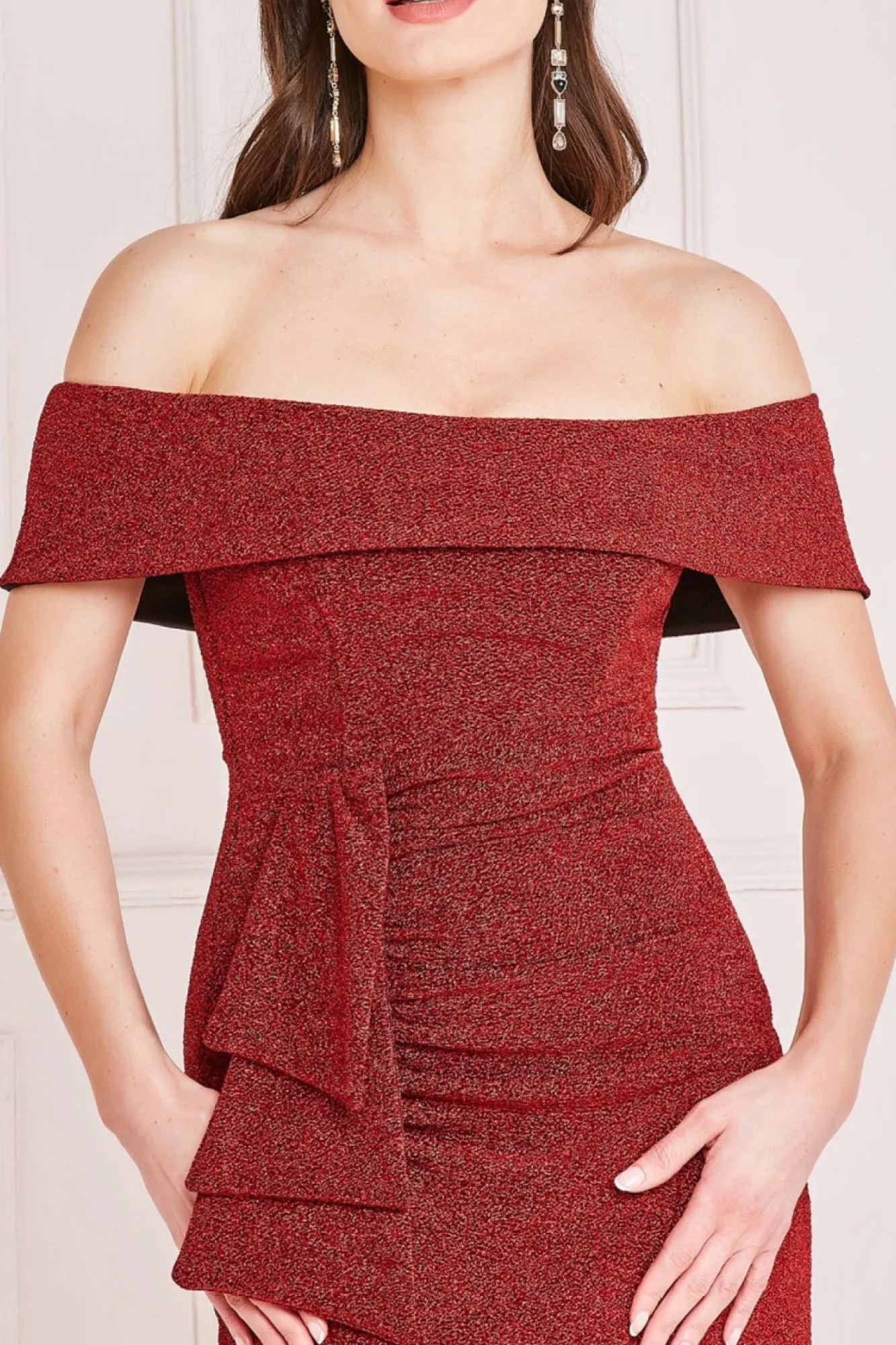 Maxi Dresses^* Lurex Bardot Maxi With Waterfall Ruffle Red