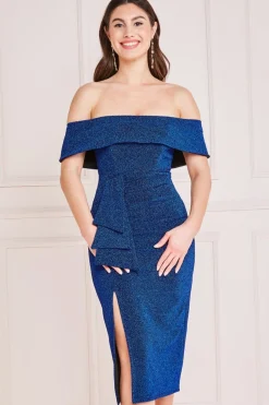 Midi Dresses^* Lurex Bardot Midi With Waterfall Ruffle - Royal Blue Royalblue