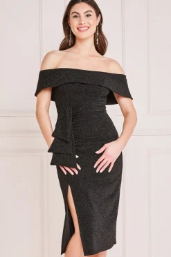 Midi Dresses^* Lurex Bardot Midi With Waterfall Ruffle Black
