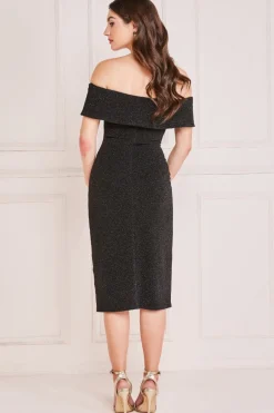 Midi Dresses^* Lurex Bardot Midi With Waterfall Ruffle Black