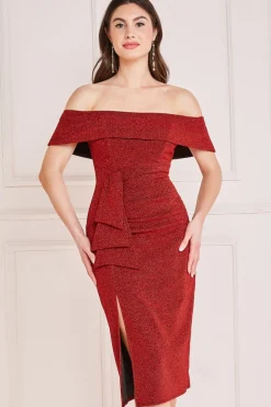 Midi Dresses^* Lurex Bardot Midi With Waterfall Ruffle Red