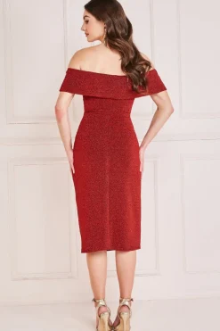 Midi Dresses^* Lurex Bardot Midi With Waterfall Ruffle Red