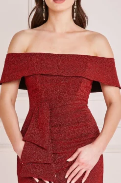 Midi Dresses^* Lurex Bardot Midi With Waterfall Ruffle Red
