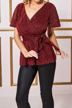 Blouses^* Lurex Flutter Sleeve Wrap Top Wine