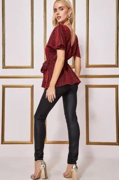 Blouses^* Lurex Flutter Sleeve Wrap Top Wine