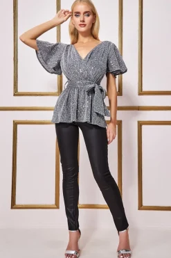Blouses^* Lurex Flutter Sleeve Wrap Top Silver
