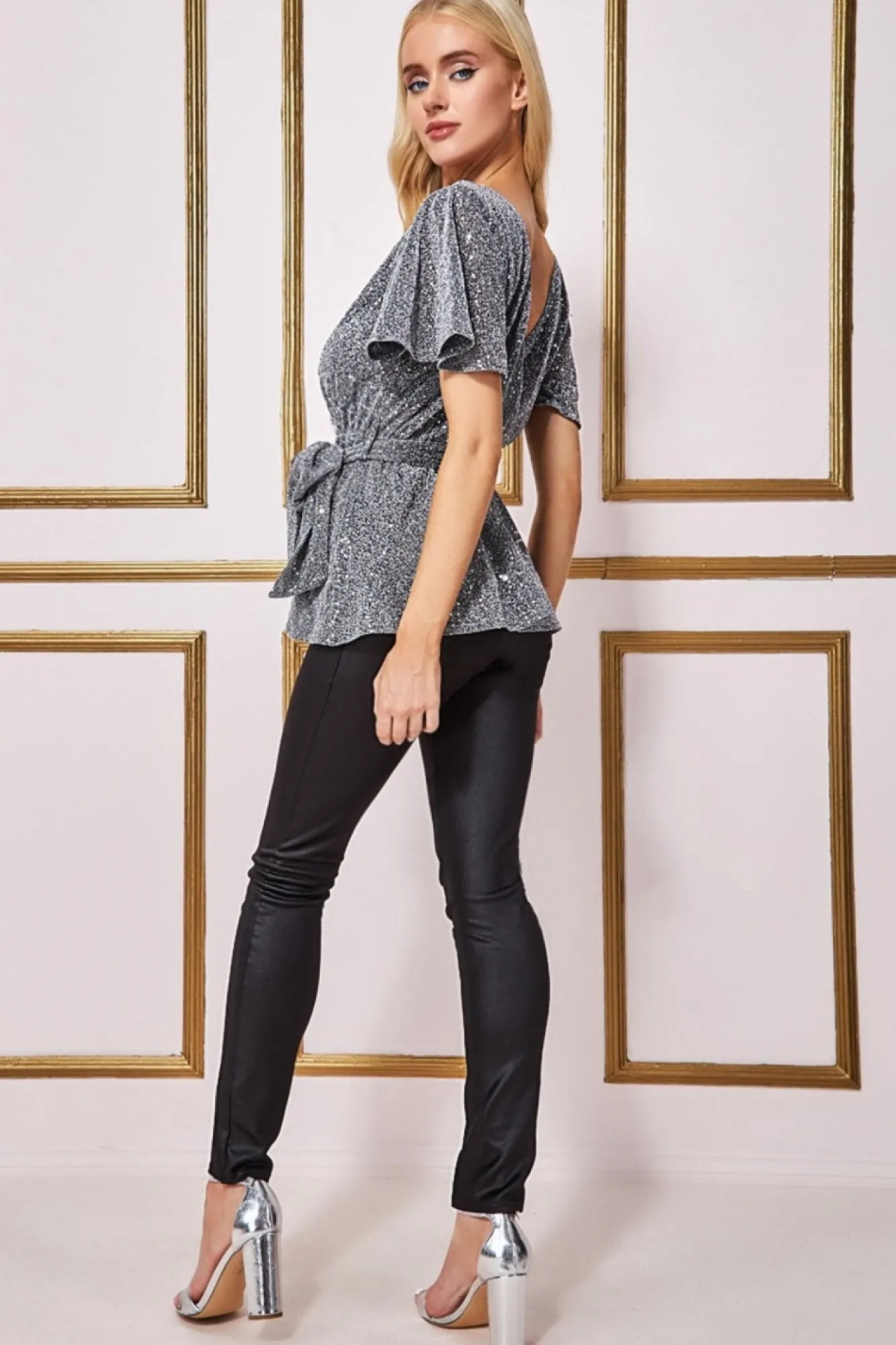 Blouses^* Lurex Flutter Sleeve Wrap Top Silver