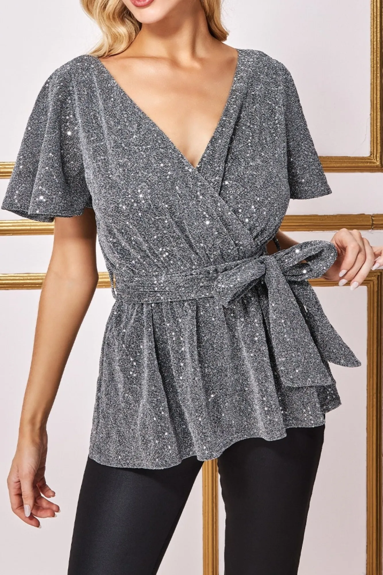Blouses^* Lurex Flutter Sleeve Wrap Top Silver