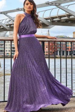 Maxi Dresses^* Lurex Halterneck Pleated Maxi Dress Purple