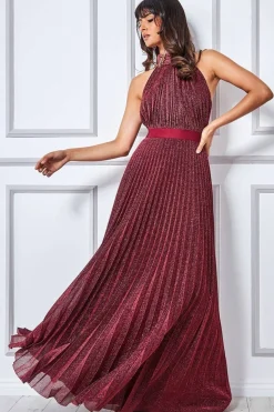 Maxi Dresses^* Lurex Halterneck Pleated Maxi Dress Wine