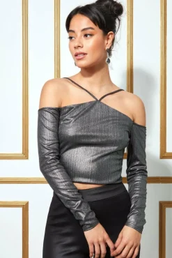 Crop Tops^* Metallic Cut Out Crop Top Dullsilver