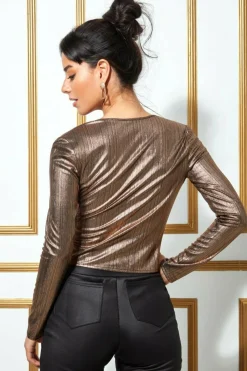 Crop Tops^* Metallic String Long Sleeve Top Blackgold