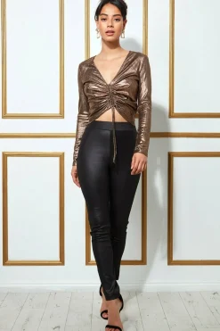 Crop Tops^* Metallic String Long Sleeve Top Blackgold