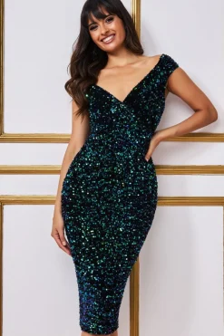 Midi Dresses^* Multi Sequin & Velvet Bardot Midi Emerald