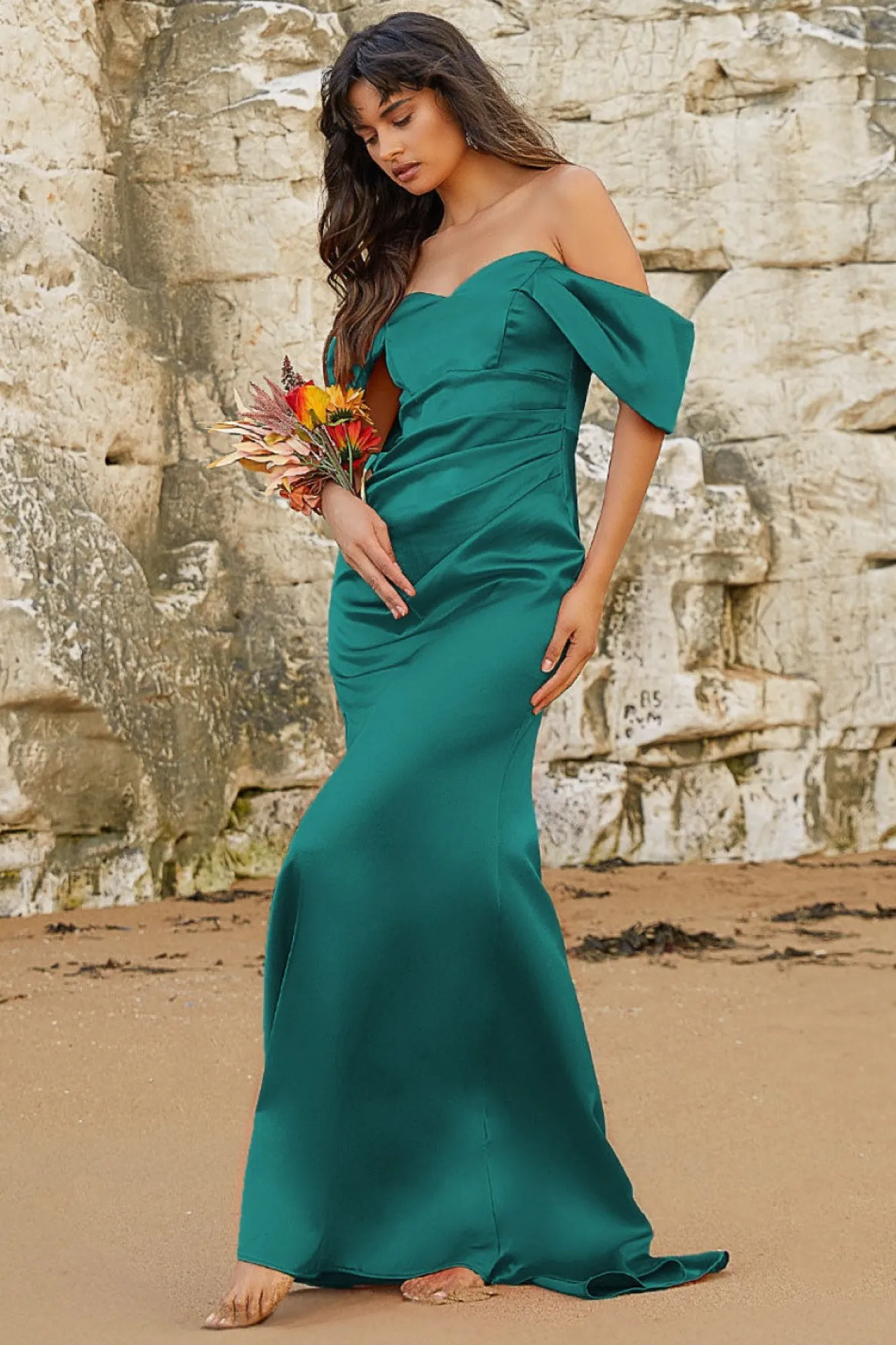 Maxi Dresses^* Off Shoulder Satin Maxi With V Neck Emerald