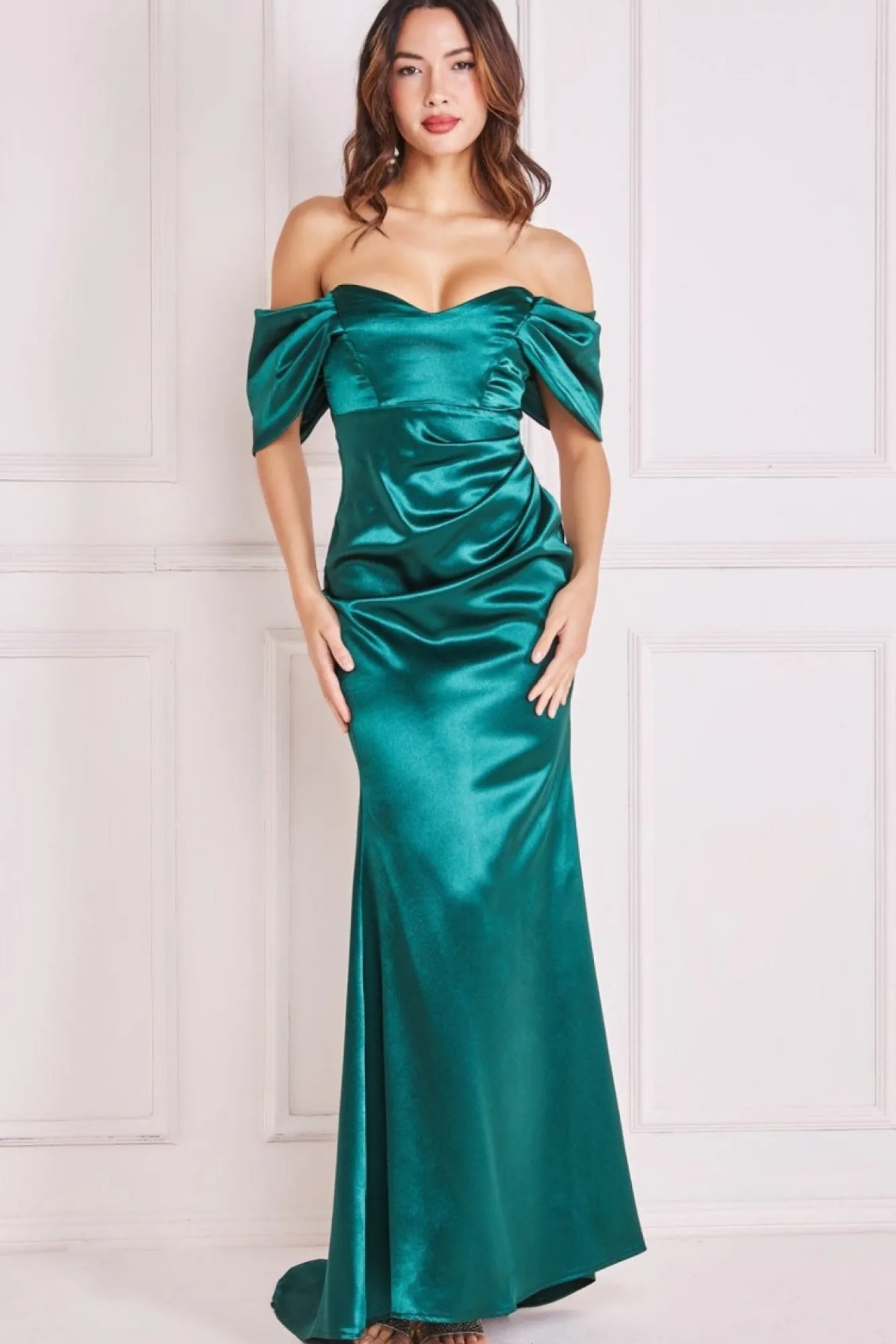 Maxi Dresses^* Off Shoulder Satin Maxi With V Neck Emerald