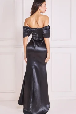 Maxi Dresses^* Off Shoulder Satin Maxi Dress With V Neck Black