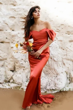 Maxi Dresses^* Off Shoulder Satin Maxi With V Neck Burntorange