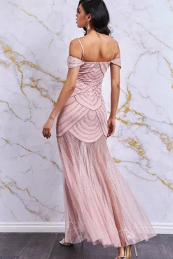 Maxi Dresses^* Off The Shoulder Maxi Dress With Mesh Skirt - Blush Powderblush