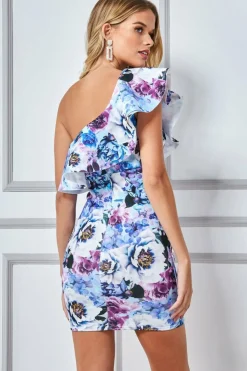 Mini Dresses^* One Shoulder Floral Print Mini Light Blue