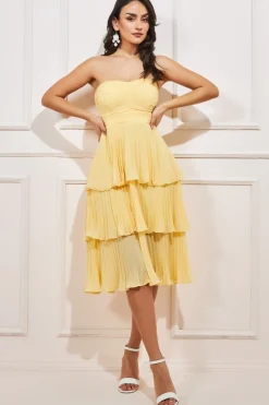 Midi Dresses^* Pleated Bandeau Bodice Chiffon Tiered Midi Yellow