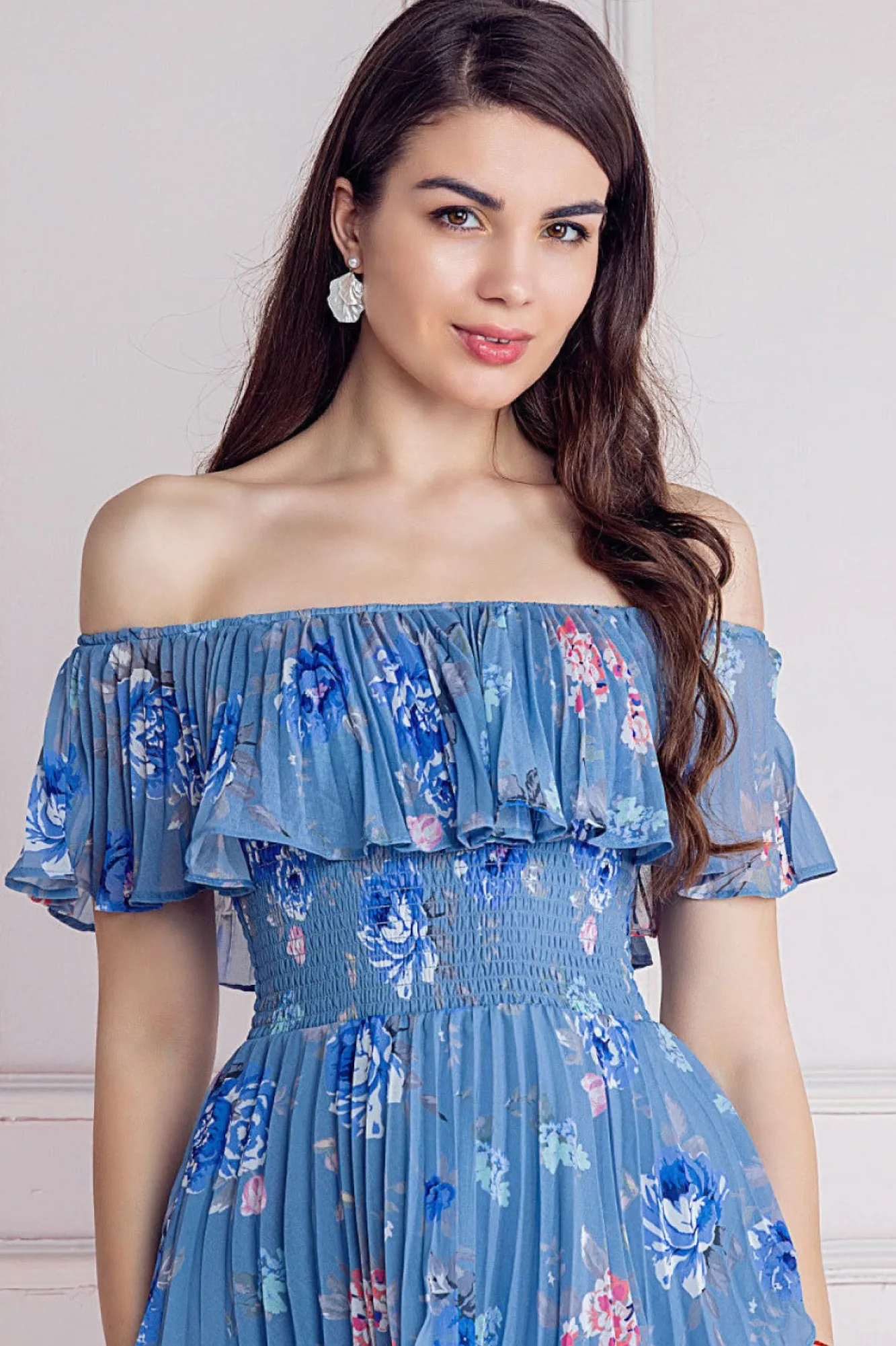 Midi Dresses^* Pleated Bodice Chiffon Tiered Midi Dress Blue