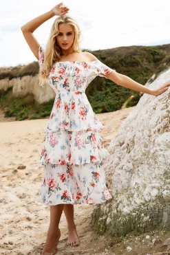 Midi Dresses^* Pleated Bodice Chiffon Tiered Midi Dress Cream