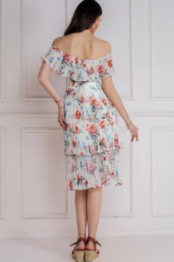 Midi Dresses^* Pleated Bodice Chiffon Tiered Midi Dress Cream