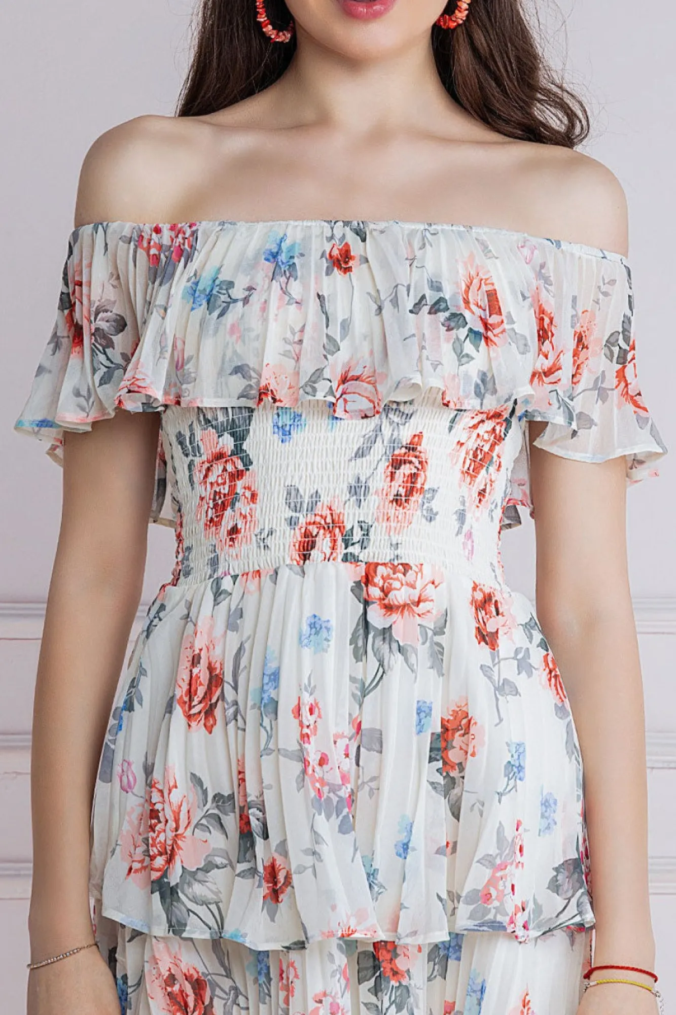 Midi Dresses^* Pleated Bodice Chiffon Tiered Midi Dress Cream