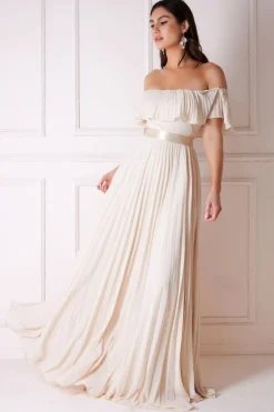 Maxi Dresses^* Pleated Chiffon Off Shoulder Maxi Dress Ivory