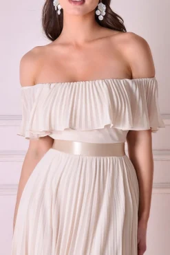 Maxi Dresses^* Pleated Chiffon Off Shoulder Maxi Dress Ivory