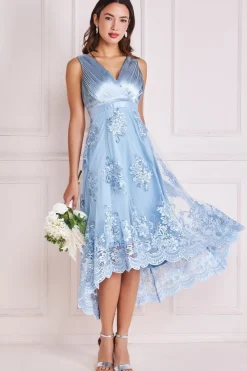 Midi Dresses^* Pleated Satin V Neck High And Low Midi Lightblue